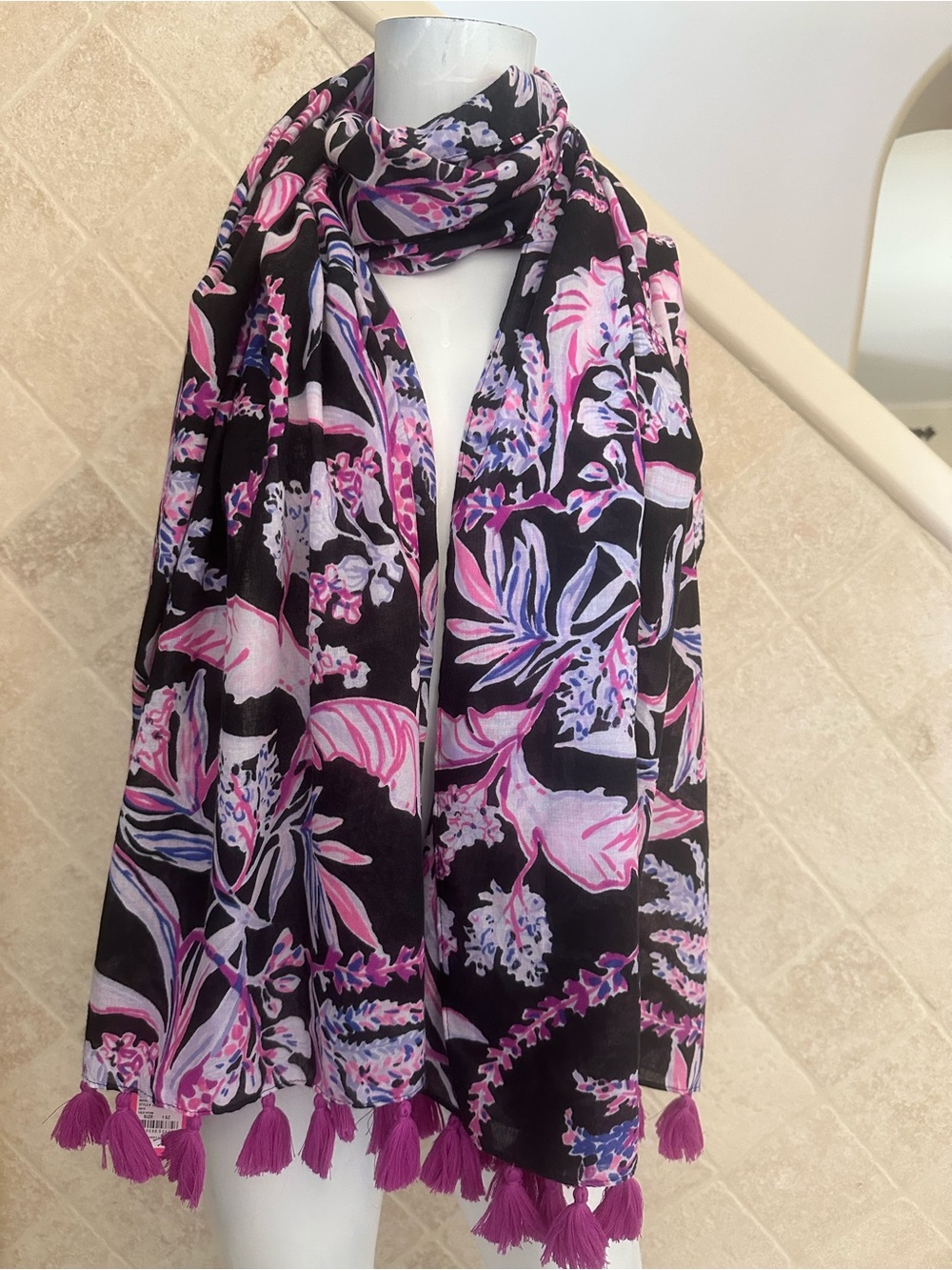 Lilly Pulitzer Black Scarf with Pink & Purple Floral Print and Tassels one size